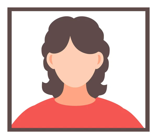 Avatar de mujer morena sin rostro en marco, personaje vector de dibujos animados, retrato de niña en camiseta roja — Vector de stock