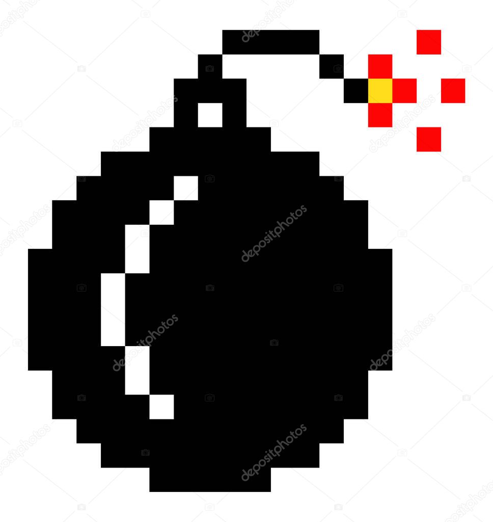 Pixel art style isolated vector bomb for retro game. Black round core with a wick that burns