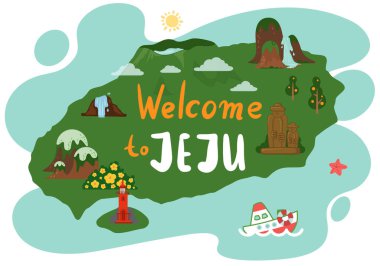 Jeju adasına hoş geldiniz, narenciye ağaçları, dağlar, şelale, Dolharubang heykeli, deniz feneri, tekne.