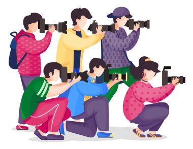 Bir grup fotoğrafçı ya da profesyonel fotoğraf makineli paparazziler beyaz arka planda çekim yapıyorlar.