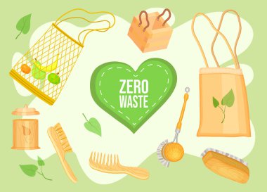 Sıfır atık. Eko konsepti, çöp hayatı yok. Eko kullanımı için yeniden kullanılabilir nesneler veya nesneler kümesi