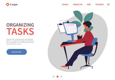 Organize görevler yapan bir kadının iniş sayfası şablonu. Planlama ve zaman yönetimi kavramı
