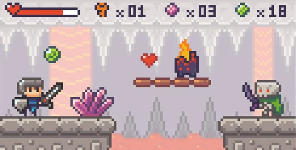 Pixel interfaz de juego, caballero lanzando bombas en el esqueleto, cueva con lava hirviendo o magma — Vector de stock