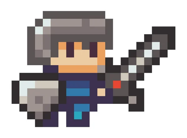 Векторный пиксельный символ. Иллюстрация пиксельного человека с мечом на белом фоне — стоковый вектор