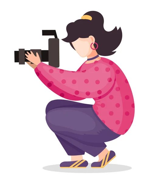 Girl photographer squatted down for taking photo at high resolution camera, vector character — Stock Vector