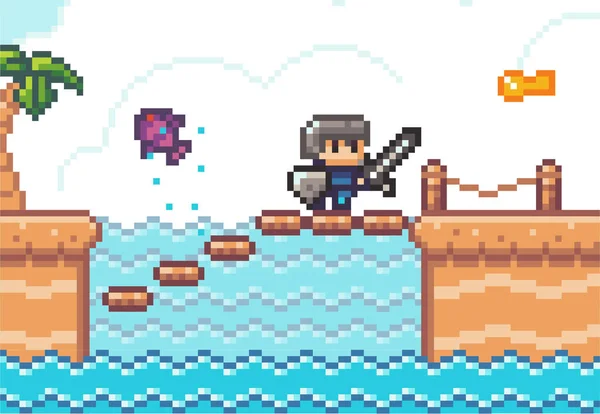 Pixélisé son chevalier, personnage de pixel 8bit, marchant vers la clé, surmonter les obstacles monstre poisson — Image vectorielle