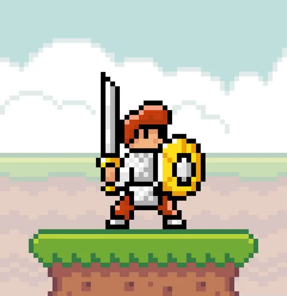 Піксельний персонаж гри, герой, особа, лицар в обладунках, з мечем і щитом на траві стоїть — стоковий вектор