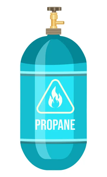 Cilindro de gas azul con regulador, propano de gas comprimido con regulador, señal de advertencia, inflamable — Vector de stock