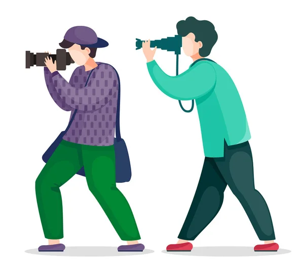 Dos personajes de dibujos animados, fotógrafos o paparazzi con fotocámaras aisladas en fondo blanco — Vector de stock