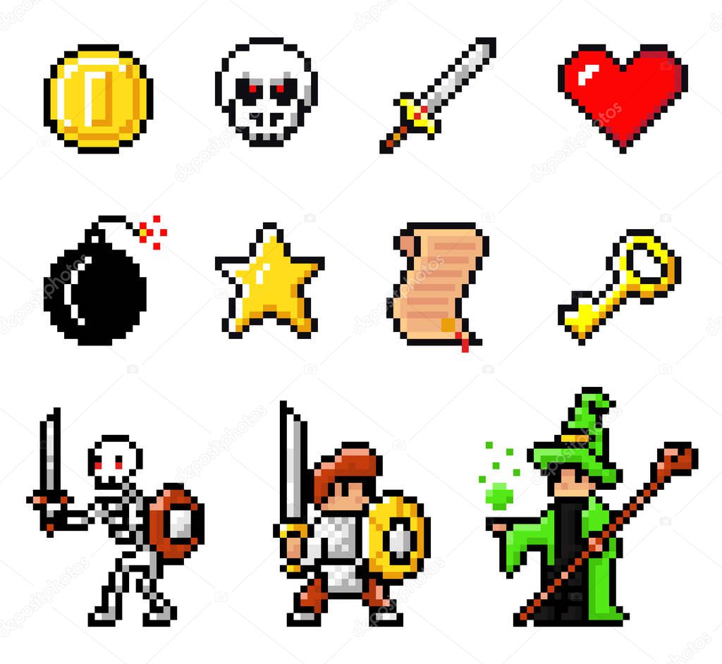 Collection of pixel game elements, symbols, characters, 8bit heroes, objects, game style of 80s