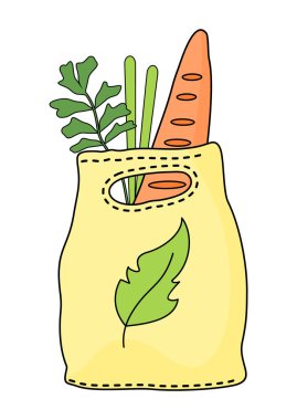 İçinde baget, kereviz ve yeşillik bulunan sarı tekstil eko çanta, tekrarlanan kullanım için alışveriş torbası.