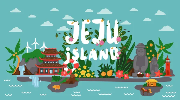 그림같이 아름다운 바 닷 섬 제주의 파노라마. 이섬의 주 된 매력을 상상 해 보는 배너 — 스톡 벡터