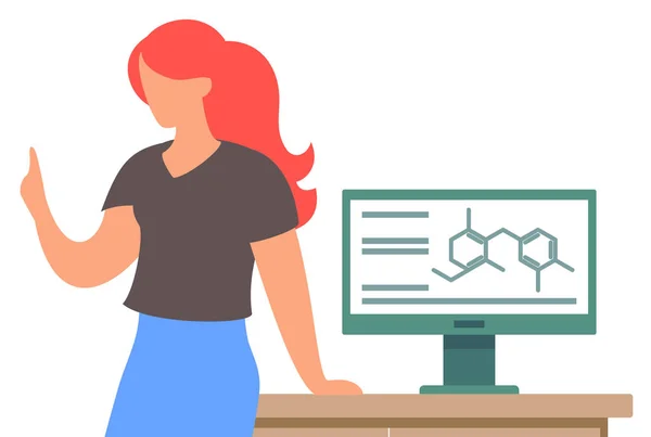 Teacher woman telling about chemistry, chemical formulas, text info at monitor of computer — Stock Vector