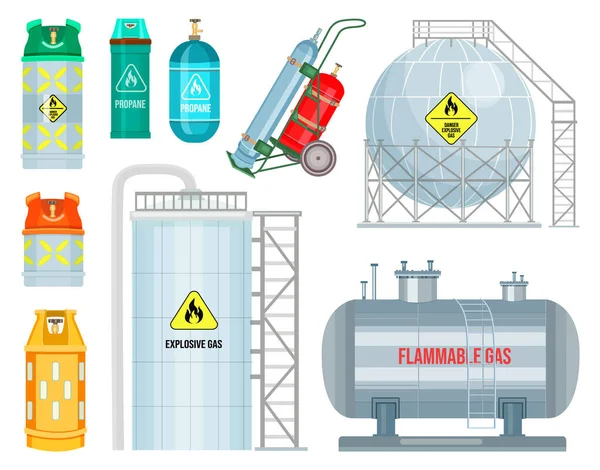 Gaz üretimi, rezervuarlar, balonlar, tanklar, tehlikeli patlayıcı gaz, uyarı işareti — Stok Vektör