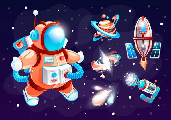 Набор космических икон с космонавтом, ракетой, планетой, космическим кораблем, кометой, брызгами света в галактике — стоковый вектор