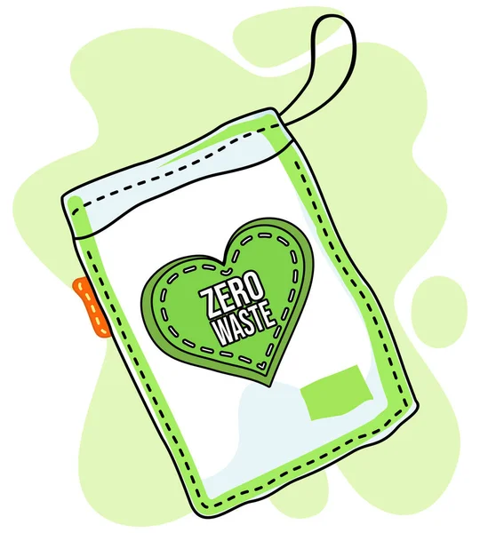 グリーンハート柄エコハンドバッグ、ロゴゼロ廃棄物、再利用バッグ、エコフレンドリーなコンセプト — ストックベクタ