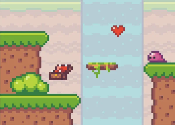 Pixel art style, sfondo di gioco con il cuore vicino alla cascata, petto di legno e nemico alieno — Vettoriale Stock