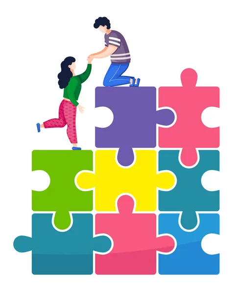 Vector illustratie, gezamenlijke teamwork in het bedrijf, man helpt een vrouw klimmen een piramide van puzzels — Stockvector