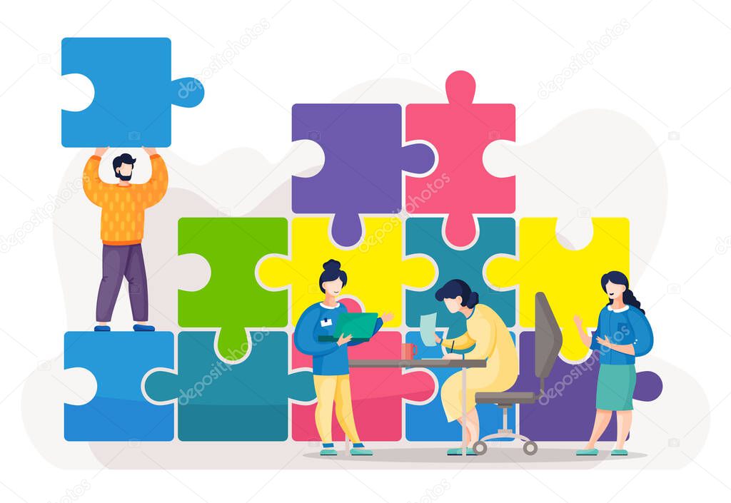 Teamwork, people collective working together, connecting puzzle pieces, working at business project