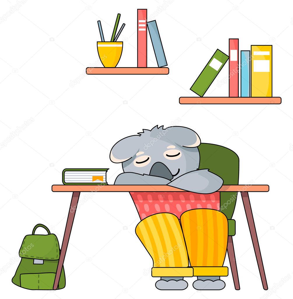 Funny Cartoon Animal Student Lovely Cute Koala Schoolboy Is Sitting And Sleeping At A Desk With Books In The Classroom Back To School Concept Tired Pupil Fell Asleep In Class Lazy Funny Cartoon Animal Student Lovely Cute Koala Schoolboy Is Sitting And Sleeping At A Desk With Books In The Classroom Back To School Concept Tired Pupil Fell Asleep In Class Lazy