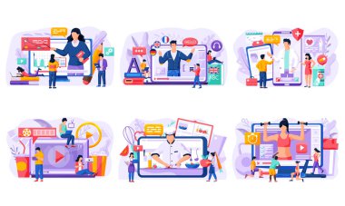 Online öğrenme seti. Çevrimiçi öğrenim uzaklığı öğrenme sahneleri için dizüstü bilgisayar, tablet ve akıllı telefon kullanan E-öğrenim öğrencileri