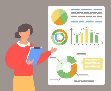 Grafikleri, şemaları, şemaları analiz eden bir ofis çalışanı, finansal analizleri gösterir