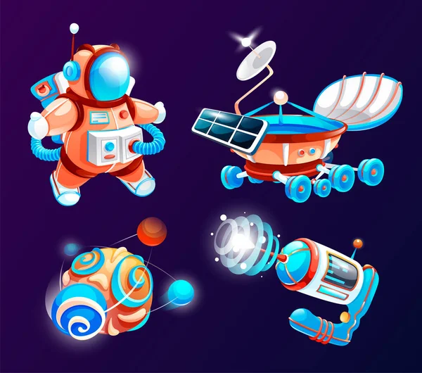 Ruimte spel elementen. Ruimtevaartobjecten symbolen en ontwerpelementen ruimteschip, planeet, astronaut — Stockvector