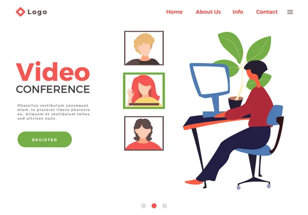 Landing Page Template mit einer Frau, die eine Videokonferenz mit Kollegen oder Freunden abhält — Stockvektor