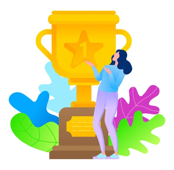 Golden Award with Foliage and Woman in Flat Style — Stock Vector