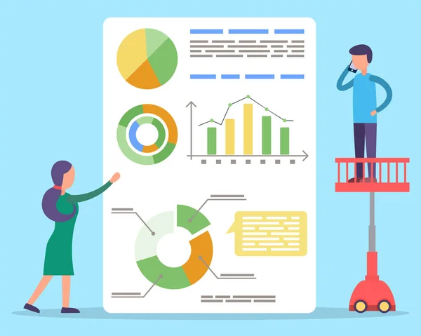 Man en vrouw werken aan analytische presentatie — Stockvector