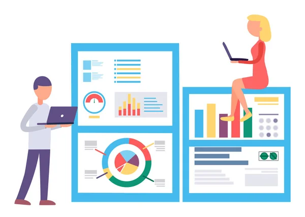 Trabajo en equipo en el ordenador portátil, gráficos analíticos a bordo — Vector de stock