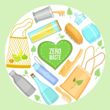 Sıfır atık. Eko konsepti, çöp hayatı yok. Ekolojik kullanım için yeniden kullanılabilir ürünler kümesi