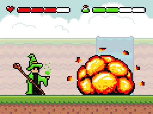 Pixel σκηνή παιχνίδι τέχνης με έδαφος σανίδες, έκρηξη, καταρράκτη, συννεφιασμένο ουρανό και μάγος με ραβδί — Διανυσματικό Αρχείο