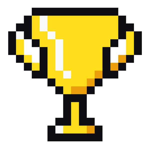 Tazza d'oro pixel art illustrazione. Icona del trofeo d'oro completamento del gioco, presente — Vettoriale Stock