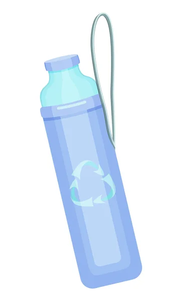 Söt tecknad illustration av dricksflaska med återvinningsmärke, sport flaska för vatten med hållare — Stock vektor