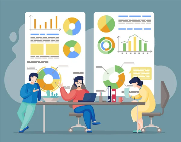 Análisis de datos de personas ocupadas en la oficina, colegas comunicándose durante el trabajo — Vector de stock