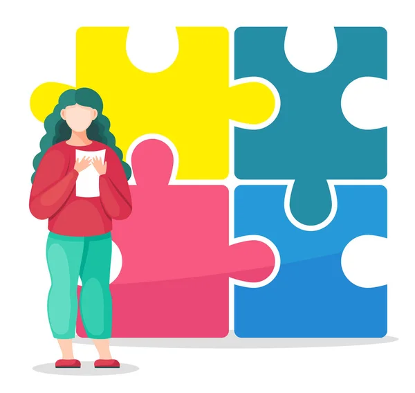 Cartoon vrouw met papier in handen op enorme kleurrijke puzzel achtergrond, oplossing van het probleem concept — Stockvector