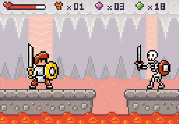 Cesur şövalye iskelet yeraltı ile savaşmaya hazır, magma, piksel oyun arayüzü, 8-bit oyun arayüzü