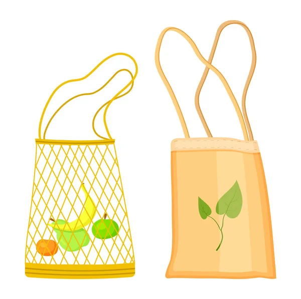 采购产品一套生态袋,生态免费材料,可重复使用的购物袋,绿叶标识,绳子网袋 — 图库矢量图片