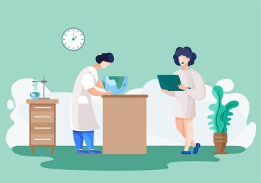 Laboratuvardaki bilim adamı. Dizüstü bilgisayarlı kimyasal araştırmacılar ekolojiyi araştırıyor. Laboratuvarda bilim deneyi