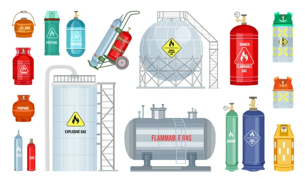 Juego de cilindro de gas vectorial. Tanque de combustible de seguridad de helio butano acetileno — Archivo Imágenes Vectoriales