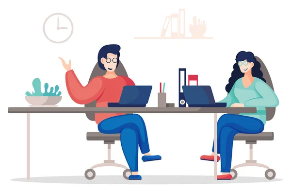Vektorová plochá ilustrace dvou komunikujících kolegů v kanceláři sedících u stolu — Stockový vektor