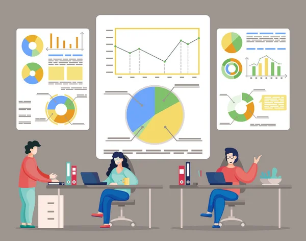 Análisis de datos de personas ocupadas en la oficina, colegas comunicándose durante el trabajo — Vector de stock