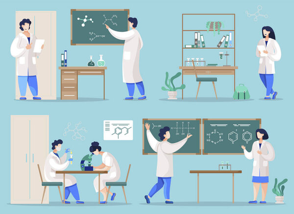 Студенты-химики в классах и лабораториях