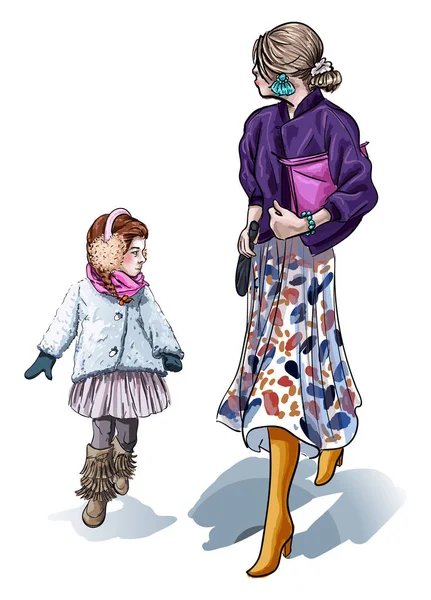 유행하는 옷을 입고 있는 어머니와 딸 — 스톡 벡터
