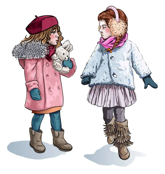 Little Girls Friends in Warm Winter Cloth Isolated — Stock Vector