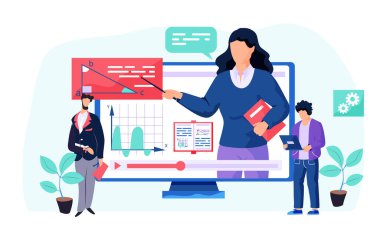 Ofis çalışanları için çalışma günü. Ortadaki üçgeni işaret eden bir kadının videosuyla ekranda göster