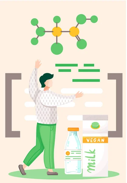 Adam vejetaryen sütün kimyasal bileşimini inceliyor. Laktoz sütü yerine sağlıklı inek. — Stok Vektör