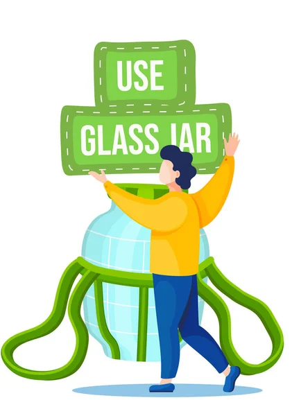 Use glass jar. A man holds an inscription. Environmental protection. Ecology, no plastic concept — Stock Vector