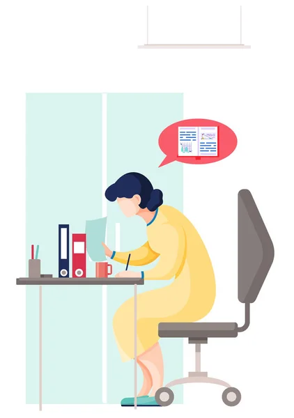 Woman teacher checking homework, sitting at a table with pupil s task. Student teaches math — Stock Vector